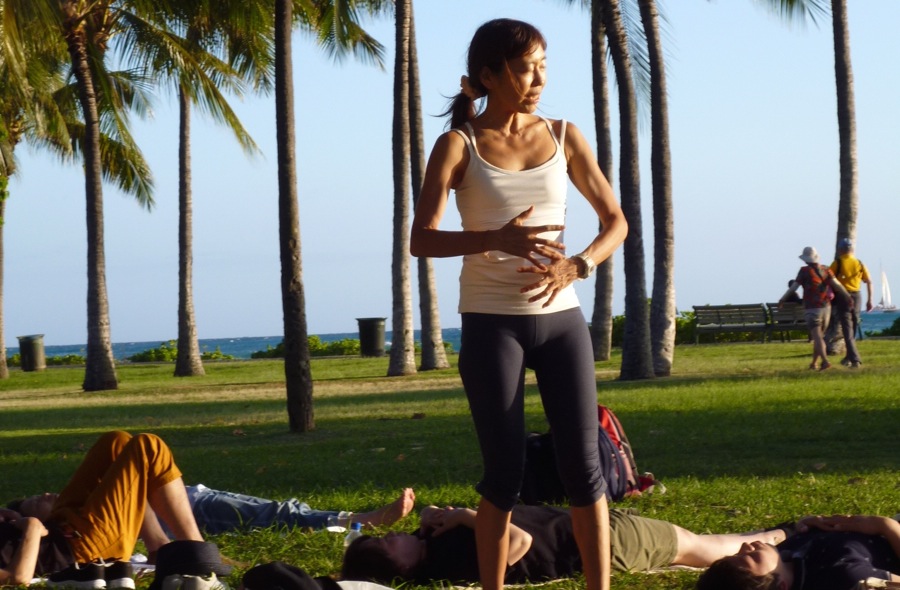 Ala Moana Beach Park morning yoga class Honolulu