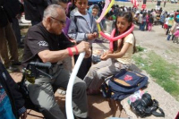 Fred Noble in his wheelchair during a school visit in Turkey