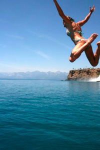 Sylvia Whelchel diving of the luxury cruise boat in Turkey