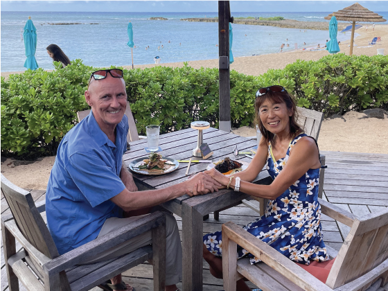 Tedd and Masumi are enjoying dinner at Turtle Bay Resort, North Shore Oahu