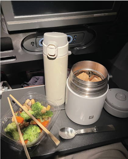 Organic homemade meals in large thermos containers for our healthy Airplane meals