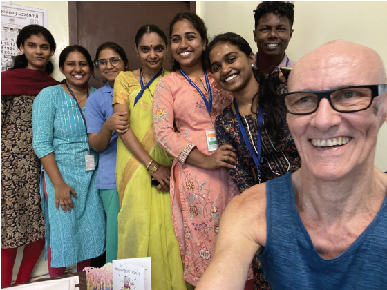 Tedd's birthday celebrating with his doctors and nurses at an Ayurveda Health Center, India