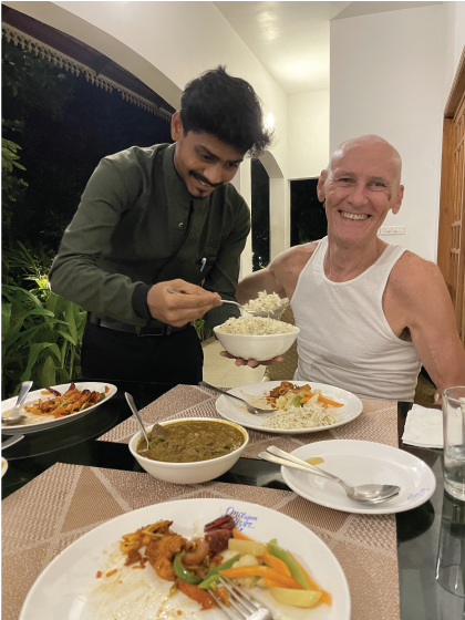 Tedd enjoying a spicy Indian dinner at the beautiful Kochi historic villa hotel